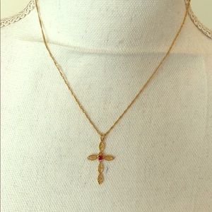 Vintage Gold and Ruby Cross Necklace